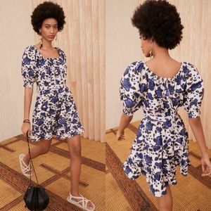Ulla Johnson Celia Dress Lapis Floral Print Mini Puff Sleeve Tiered Size 2 Blue